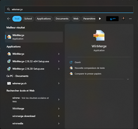 WinMerge - Menu Démarrer